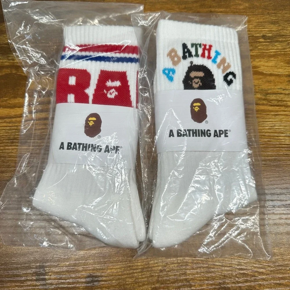 NEW A Bathing Ape BAPE Mens Crew Socks 2 Pair Set White Ape Head Logo
